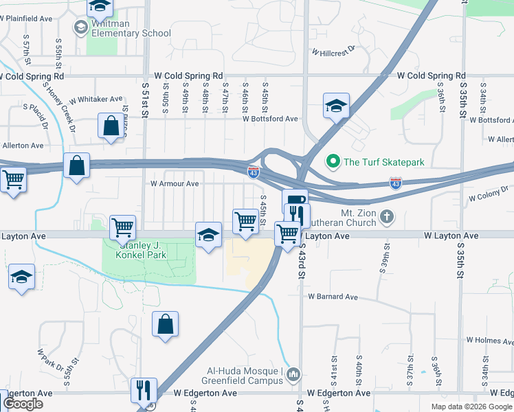 map of restaurants, bars, coffee shops, grocery stores, and more near 4680 South 46th Street in Greenfield