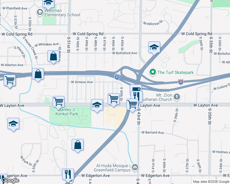 map of restaurants, bars, coffee shops, grocery stores, and more near 4680 South 46th Street in Greenfield