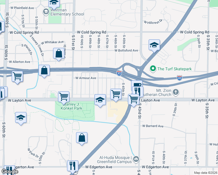 map of restaurants, bars, coffee shops, grocery stores, and more near 4677 South 47th Street in Greenfield