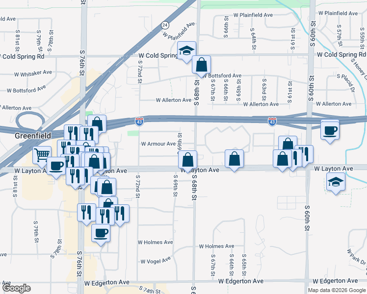 map of restaurants, bars, coffee shops, grocery stores, and more near 4645 South 68th Street in Greenfield