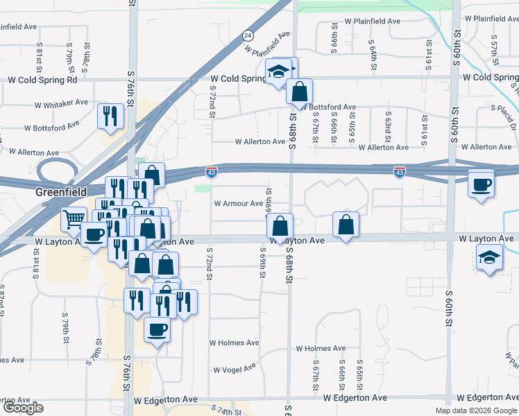 map of restaurants, bars, coffee shops, grocery stores, and more near 6931 West Chapman Avenue in Greenfield