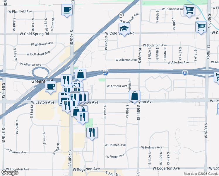 map of restaurants, bars, coffee shops, grocery stores, and more near 7029 West Chapman Avenue in Greenfield