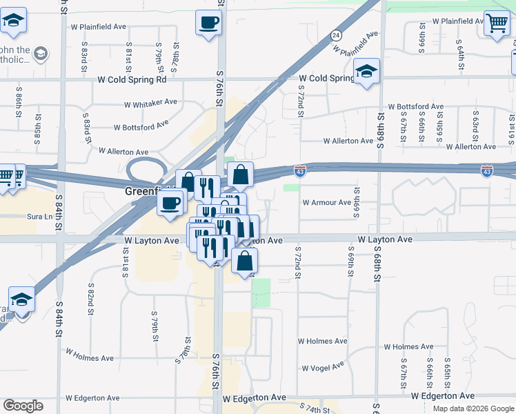 map of restaurants, bars, coffee shops, grocery stores, and more near 7424 West Layton Avenue in Greenfield