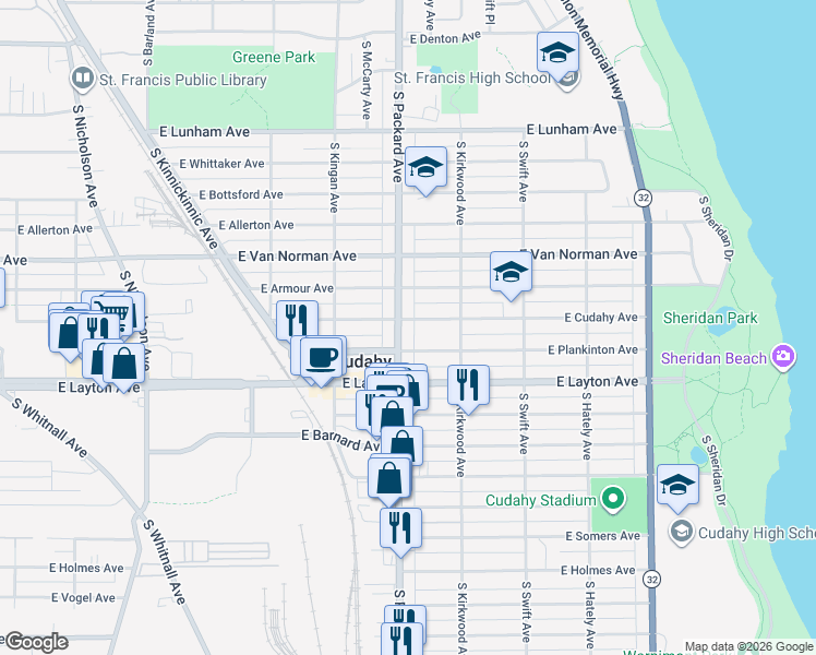 map of restaurants, bars, coffee shops, grocery stores, and more near 3613 East Plankinton Avenue in Cudahy