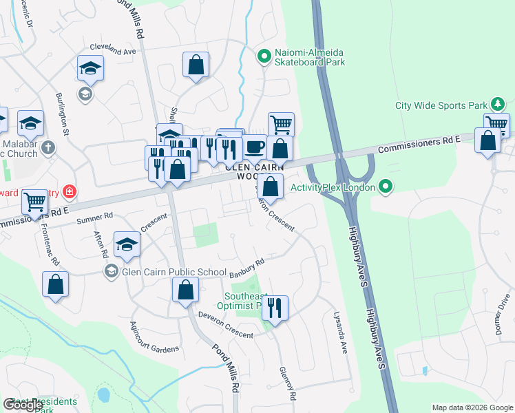 map of restaurants, bars, coffee shops, grocery stores, and more near 729 Deveron Crescent in London