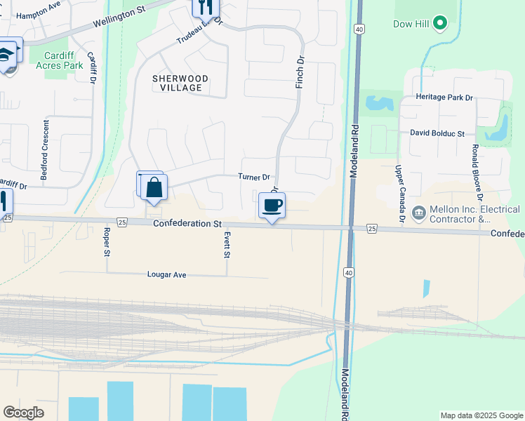 map of restaurants, bars, coffee shops, grocery stores, and more near 275 Finch Drive in Sarnia