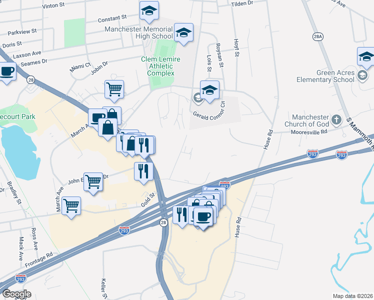 map of restaurants, bars, coffee shops, grocery stores, and more near 750 South Porter Street in Manchester