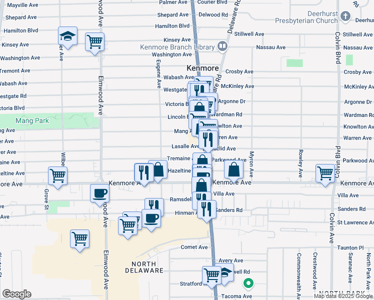 map of restaurants, bars, coffee shops, grocery stores, and more near 42 Tremaine Avenue in Buffalo