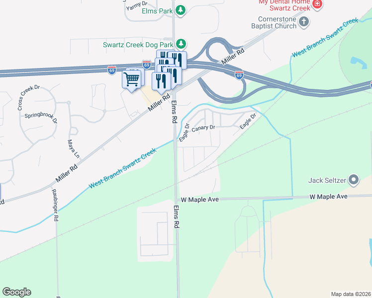 map of restaurants, bars, coffee shops, grocery stores, and more near 37 Bellwood Drive in Swartz Creek