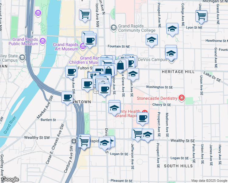 map of restaurants, bars, coffee shops, grocery stores, and more near 101 Sheldon Avenue Southeast in Grand Rapids