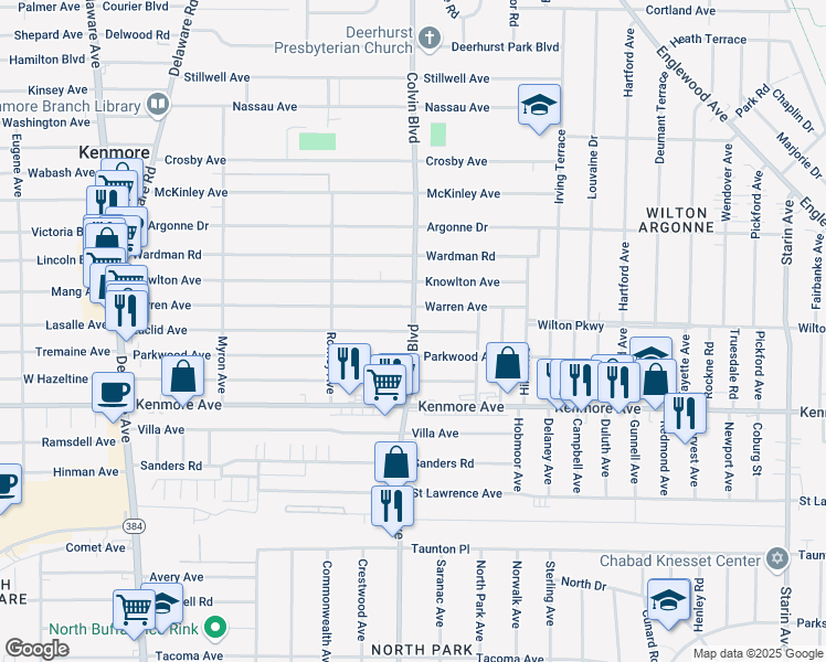 map of restaurants, bars, coffee shops, grocery stores, and more near Colvin Boulevard & Euclid Avenue in Buffalo