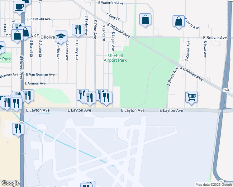 map of restaurants, bars, coffee shops, grocery stores, and more near 4610 South Logan Avenue in Milwaukee