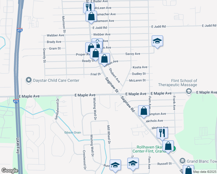 map of restaurants, bars, coffee shops, grocery stores, and more near 4512 Saginaw Street in Flint