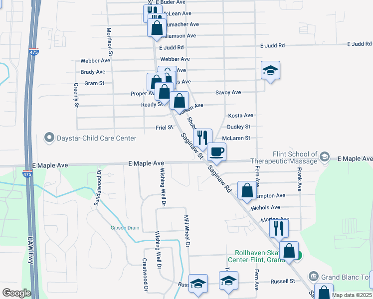 map of restaurants, bars, coffee shops, grocery stores, and more near 4512 Saginaw Street in Flint
