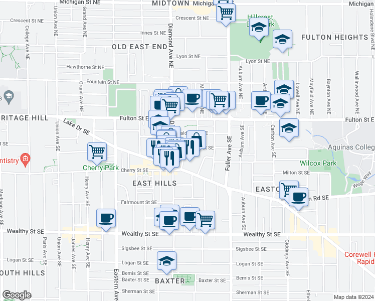 map of restaurants, bars, coffee shops, grocery stores, and more near 102 Paddock Avenue Southeast in Grand Rapids