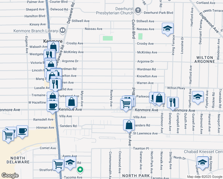 map of restaurants, bars, coffee shops, grocery stores, and more near Euclid Avenue & Rowley Avenue in Buffalo