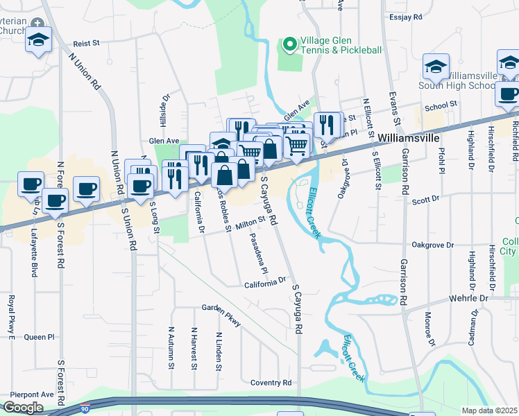 map of restaurants, bars, coffee shops, grocery stores, and more near 45 South Cayuga Road in Williamsville