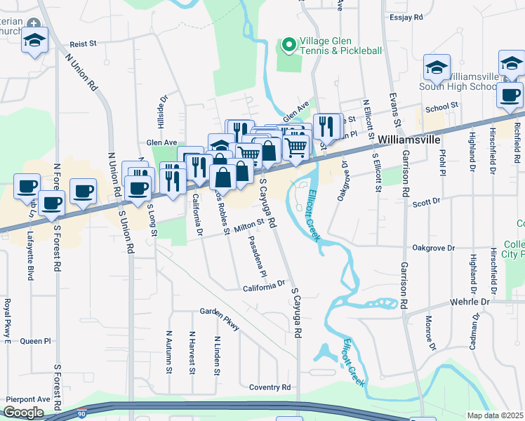 map of restaurants, bars, coffee shops, grocery stores, and more near 31 South Cayuga Road in Williamsville
