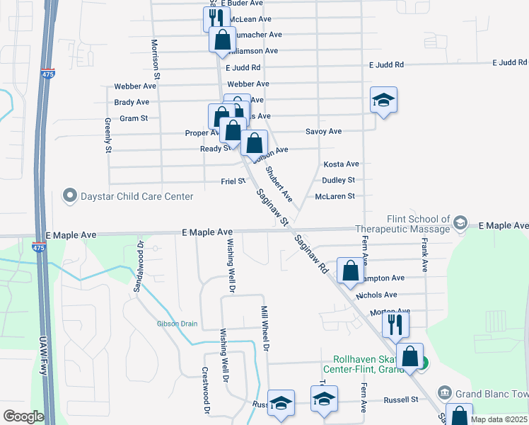 map of restaurants, bars, coffee shops, grocery stores, and more near 4523 Saginaw Street in Flint