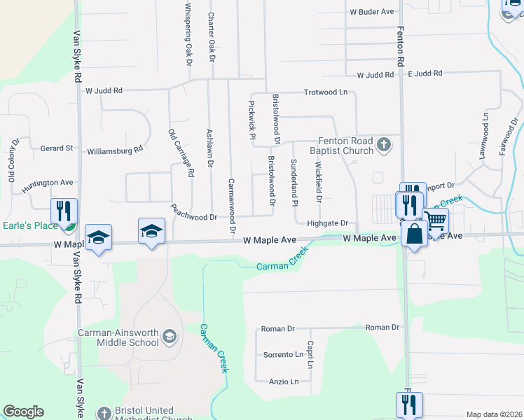 map of restaurants, bars, coffee shops, grocery stores, and more near 4451 Cherrytree Lane in Flint