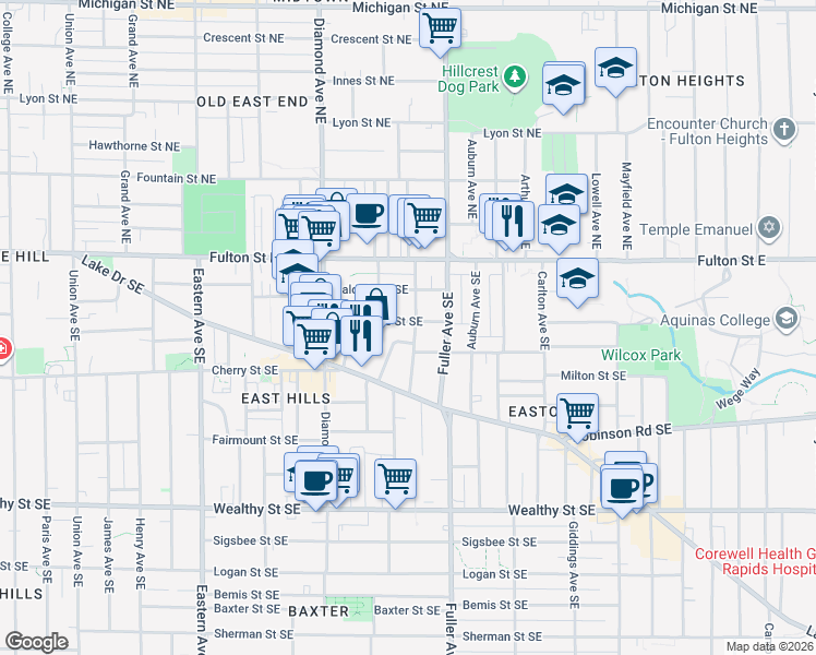 map of restaurants, bars, coffee shops, grocery stores, and more near 41 Fitzhugh Avenue Southeast in Grand Rapids