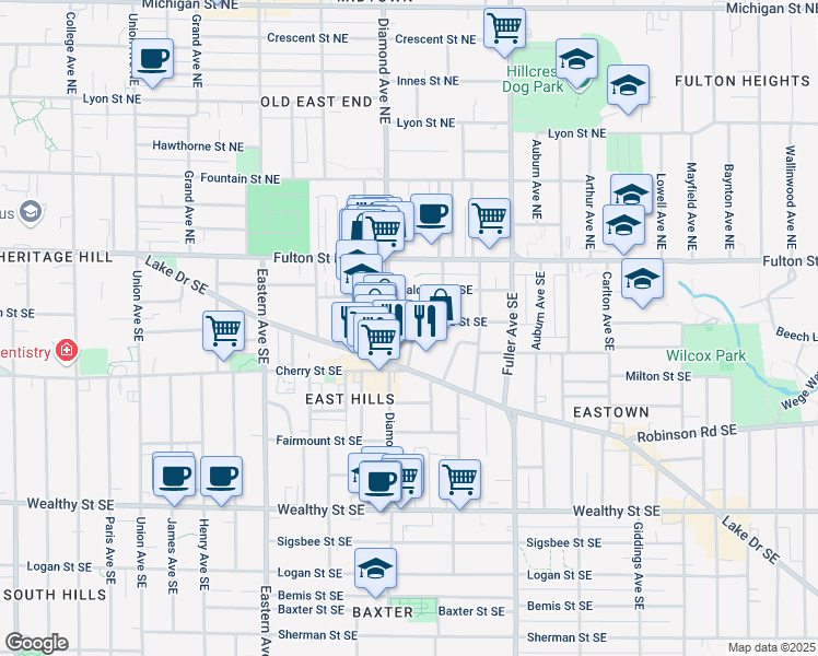 map of restaurants, bars, coffee shops, grocery stores, and more near 1008 Baldwin Street Southeast in Grand Rapids