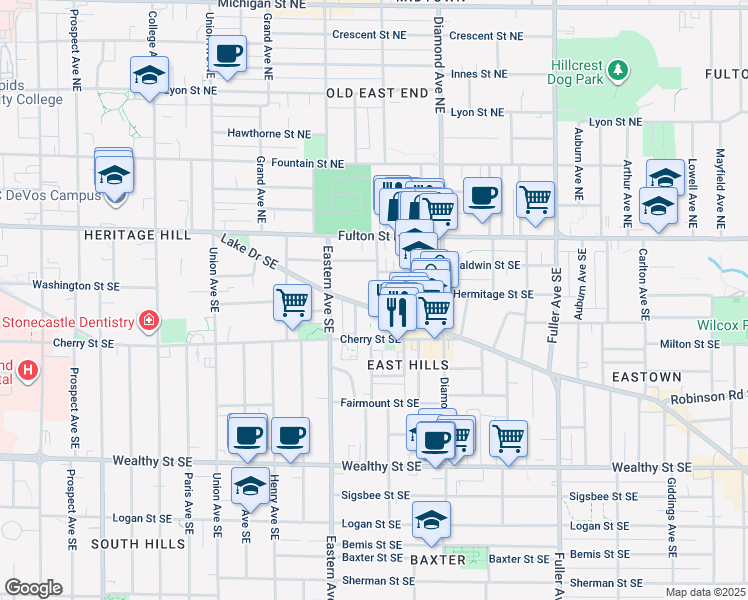 map of restaurants, bars, coffee shops, grocery stores, and more near 100 Dwight Avenue Southeast in Grand Rapids