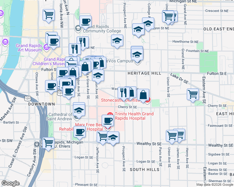 map of restaurants, bars, coffee shops, grocery stores, and more near 255 Washington Street Southeast in Grand Rapids