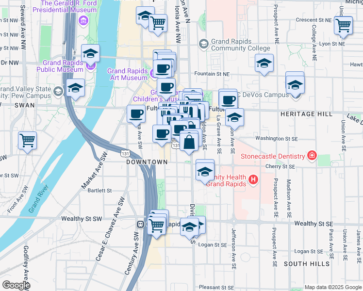 map of restaurants, bars, coffee shops, grocery stores, and more near 69 Division Avenue South in Grand Rapids