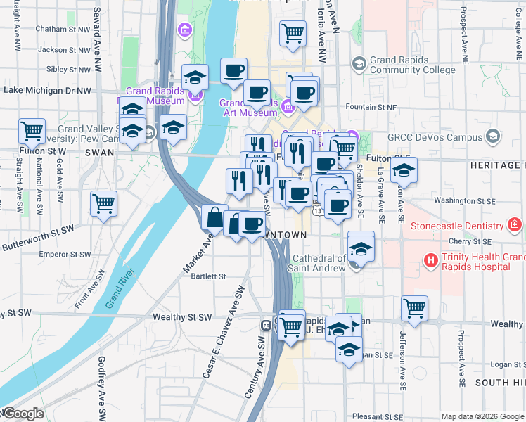 map of restaurants, bars, coffee shops, grocery stores, and more near 55 Ottawa Avenue Southwest in Grand Rapids