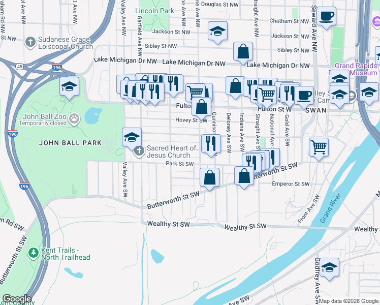 map of restaurants, bars, coffee shops, grocery stores, and more near 1018 Dayton Street Southwest in Grand Rapids
