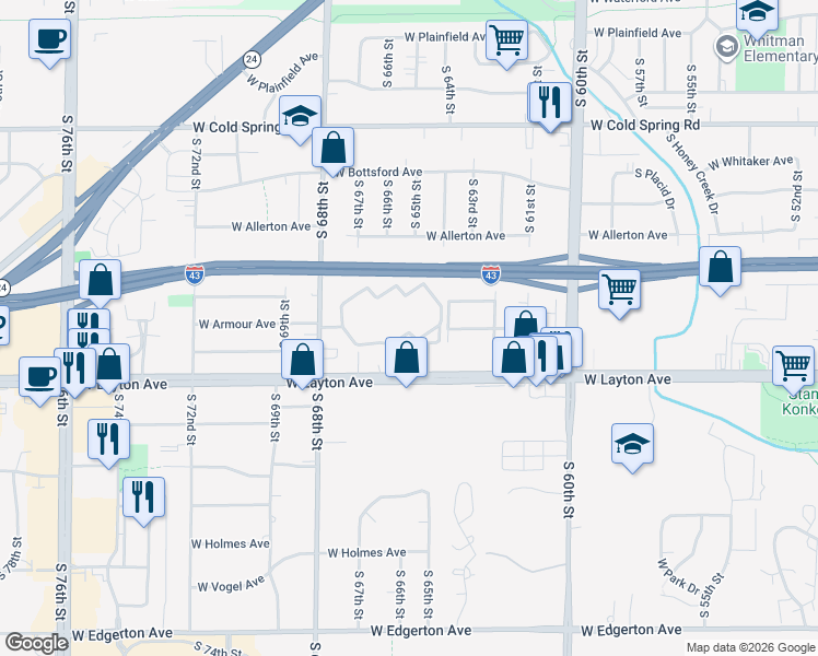 map of restaurants, bars, coffee shops, grocery stores, and more near 6510 West English Meadows Drive in Milwaukee