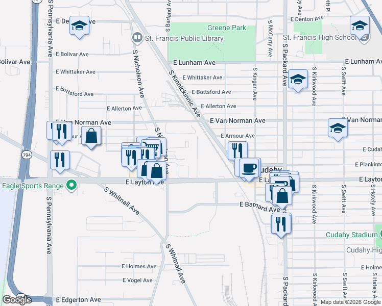 map of restaurants, bars, coffee shops, grocery stores, and more near 4600 South Nicholson Avenue in Cudahy