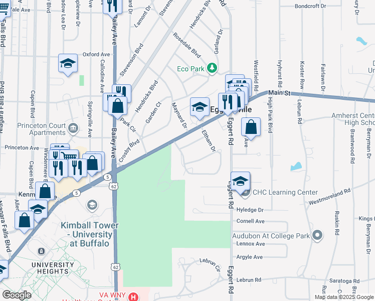 map of restaurants, bars, coffee shops, grocery stores, and more near 40 Bradenham Place in Buffalo
