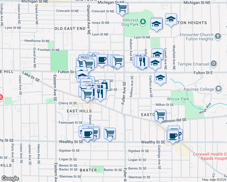 map of restaurants, bars, coffee shops, grocery stores, and more near 41 Fitzhugh Avenue Southeast in Grand Rapids