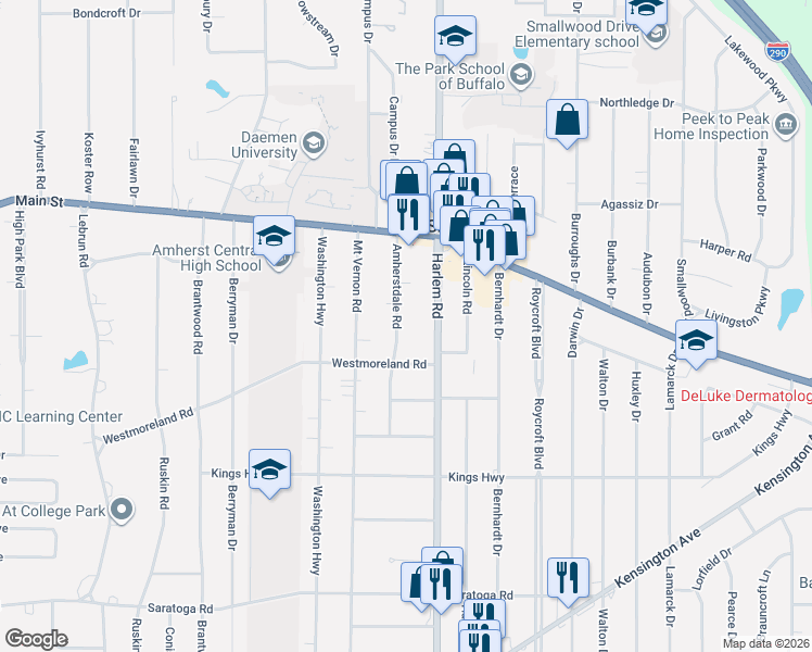 map of restaurants, bars, coffee shops, grocery stores, and more near 96 Amherstdale Road in Buffalo