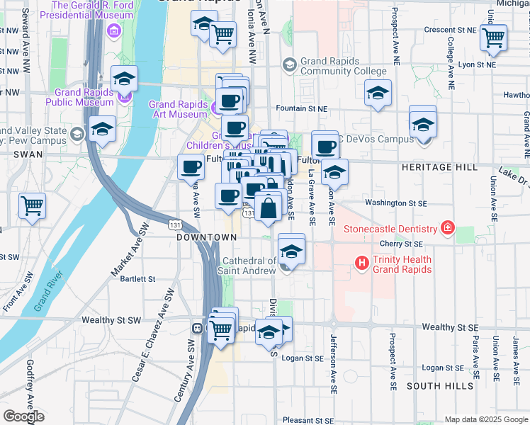 map of restaurants, bars, coffee shops, grocery stores, and more near 101 South Division Avenue in Grand Rapids
