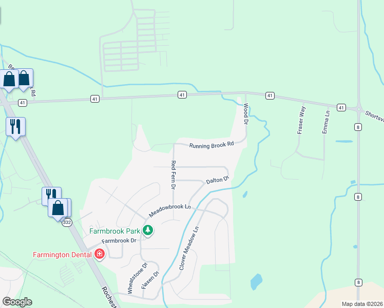 map of restaurants, bars, coffee shops, grocery stores, and more near 5742 Running Brook Road in Farmington