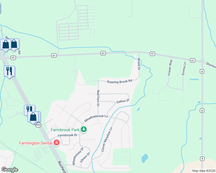 map of restaurants, bars, coffee shops, grocery stores, and more near 5742 Running Brook Road in Farmington
