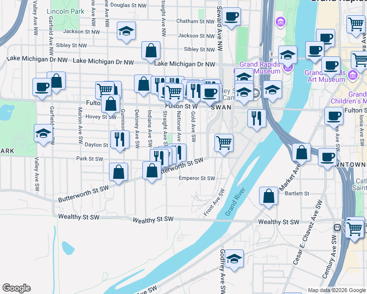 map of restaurants, bars, coffee shops, grocery stores, and more near 128 National Ave SW in Grand Rapids