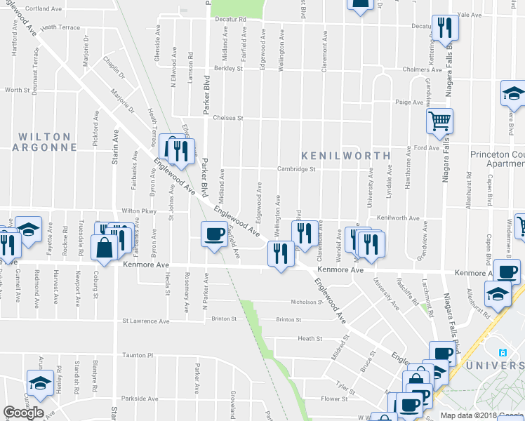 map of restaurants, bars, coffee shops, grocery stores, and more near 37 Edgewood Avenue in Buffalo