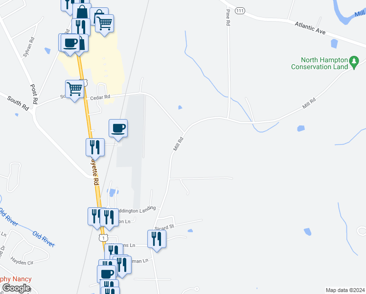map of restaurants, bars, coffee shops, grocery stores, and more near 22 Mill Road in North Hampton