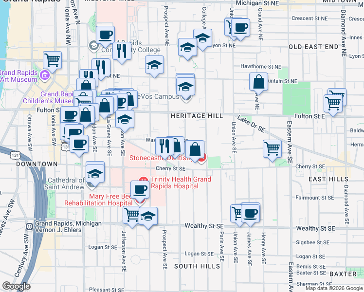 map of restaurants, bars, coffee shops, grocery stores, and more near 400 Washington Street Southeast in Grand Rapids