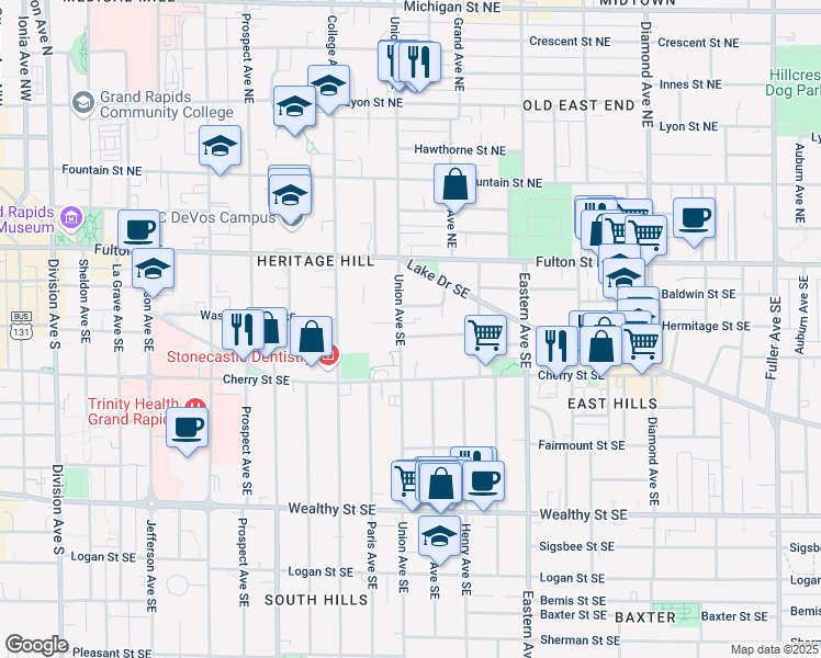 map of restaurants, bars, coffee shops, grocery stores, and more near 76 Union Avenue Southeast in Grand Rapids