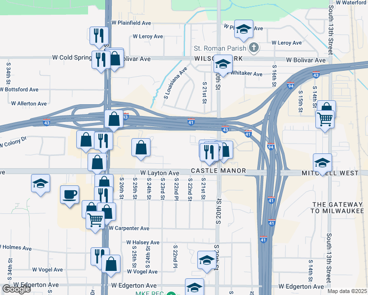 map of restaurants, bars, coffee shops, grocery stores, and more near 2230 West Layton Avenue in Milwaukee