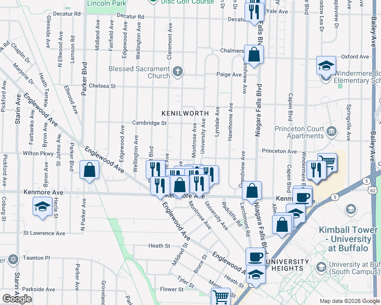 map of restaurants, bars, coffee shops, grocery stores, and more near 298 Montrose Avenue in Buffalo