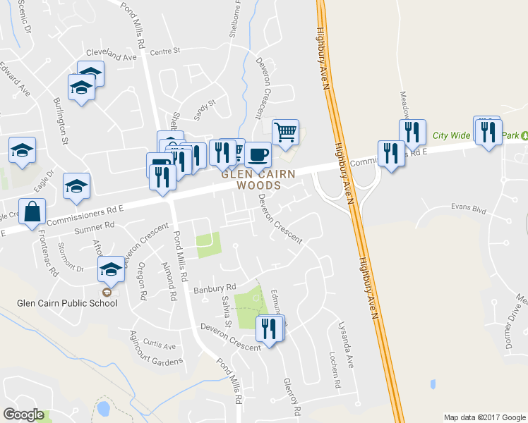 map of restaurants, bars, coffee shops, grocery stores, and more near 1155 Commissioners Road East in London