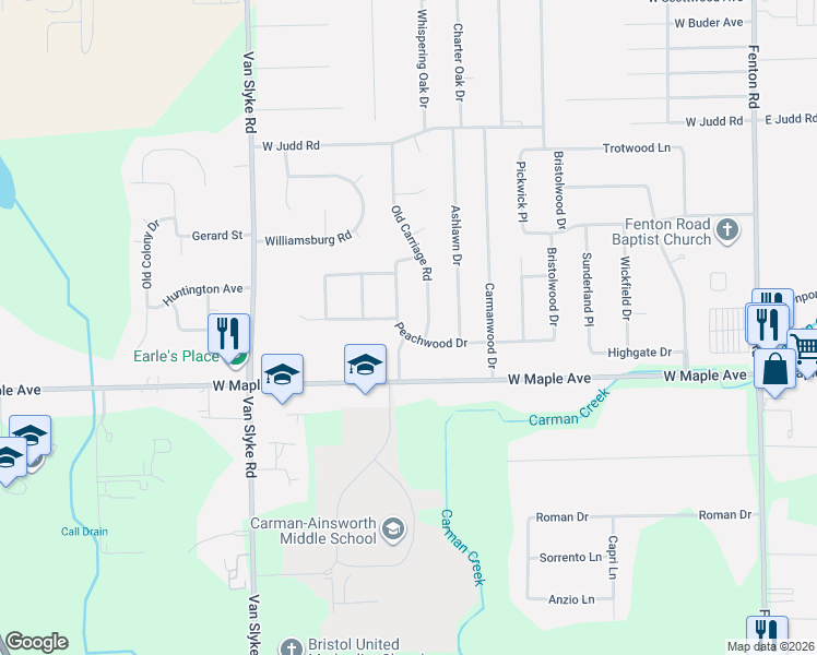 map of restaurants, bars, coffee shops, grocery stores, and more near 4468 Old Carriage Road in Flint