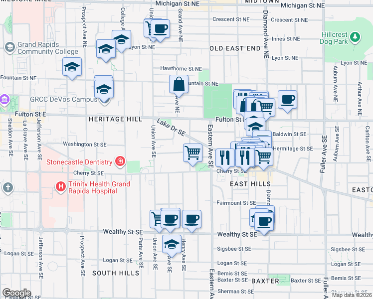 map of restaurants, bars, coffee shops, grocery stores, and more near 47 Packard Avenue Southeast in Grand Rapids