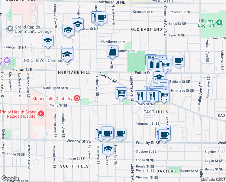 map of restaurants, bars, coffee shops, grocery stores, and more near 47 Packard Avenue Southeast in Grand Rapids